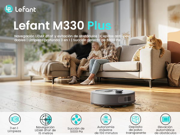 Robot aspirador Lefant M330 Plus sobre un suelo de madera en un salón con un perro y un gato